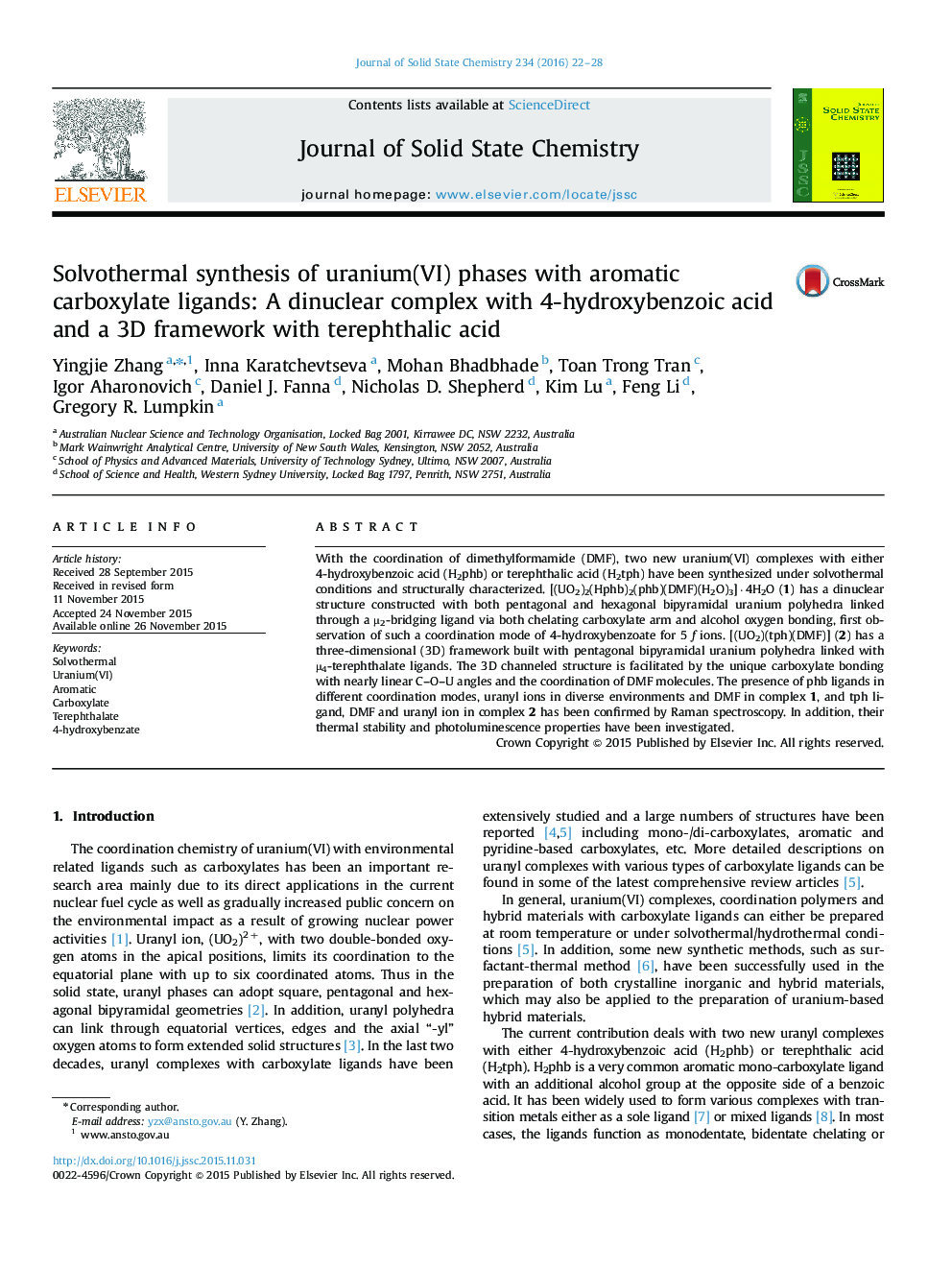 Solvothermal synthesis of uranium(VI) phases with aromatic carboxylate ligands: A dinuclear complex with 4-hydroxybenzoic acid and a 3D framework with terephthalic acid