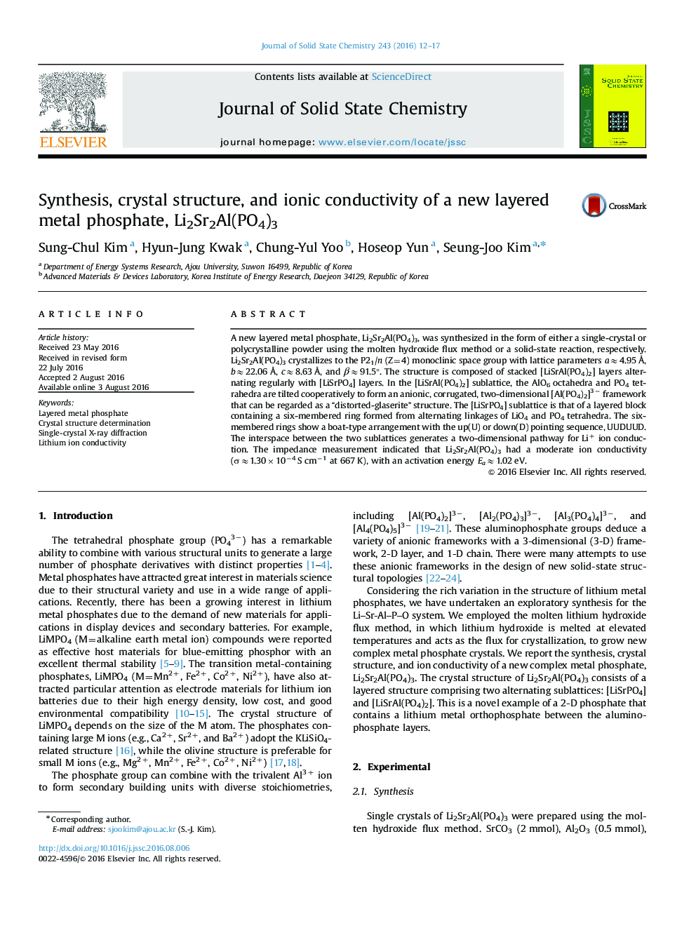 Synthesis, crystal structure, and ionic conductivity of a new layered metal phosphate, Li2Sr2Al(PO4)3