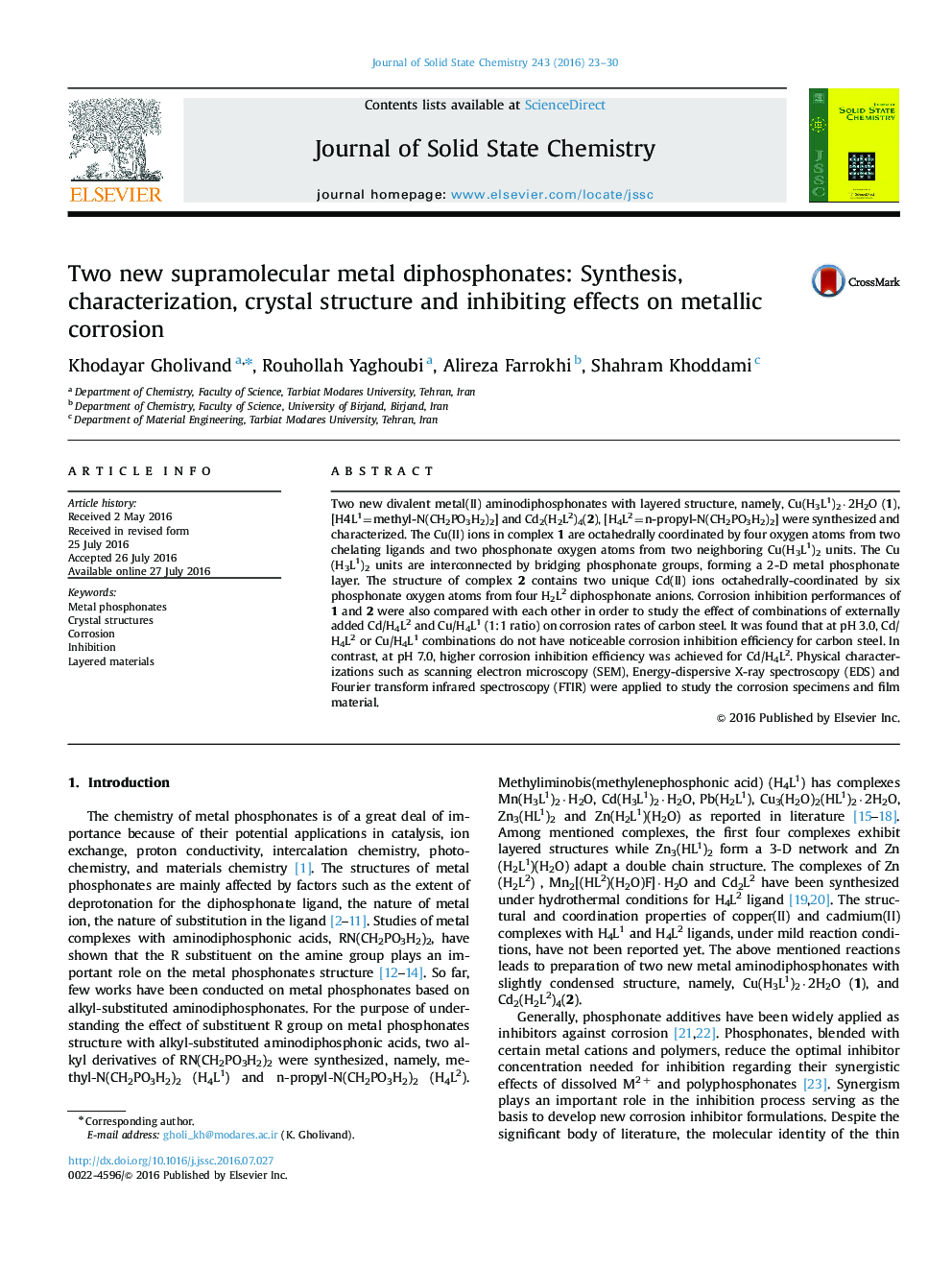Two new supramolecular metal diphosphonates: Synthesis, characterization, crystal structure and inhibiting effects on metallic corrosion