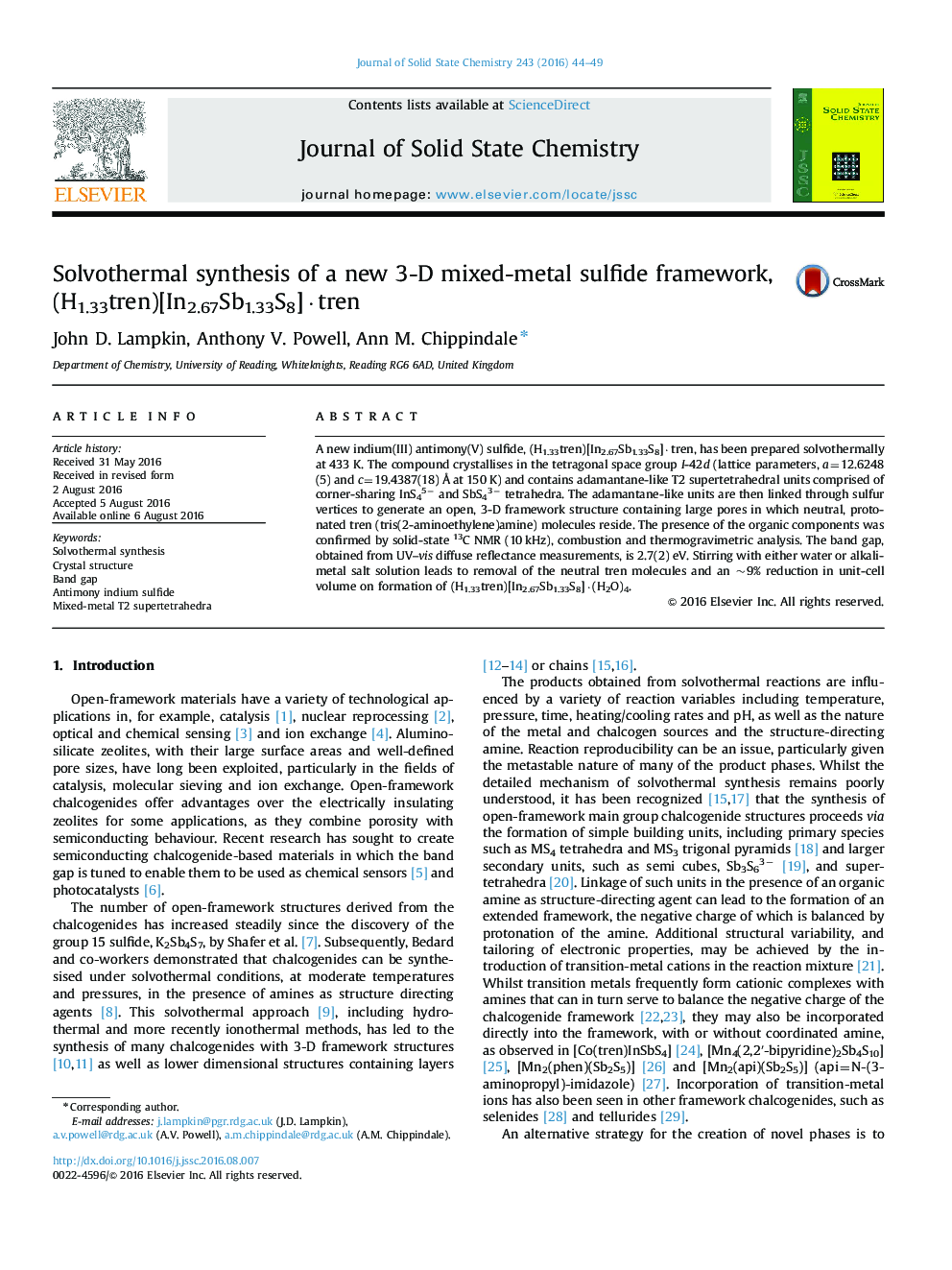 Solvothermal synthesis of a new 3-D mixed-metal sulfide framework, (H1.33tren)[In2.67Sb1.33S8]·tren