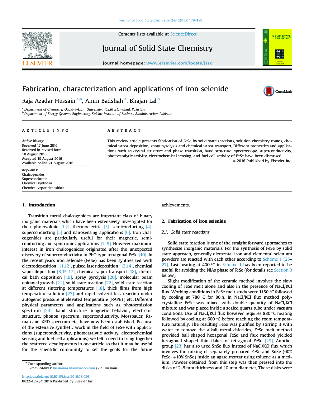 Fabrication, characterization and applications of iron selenide