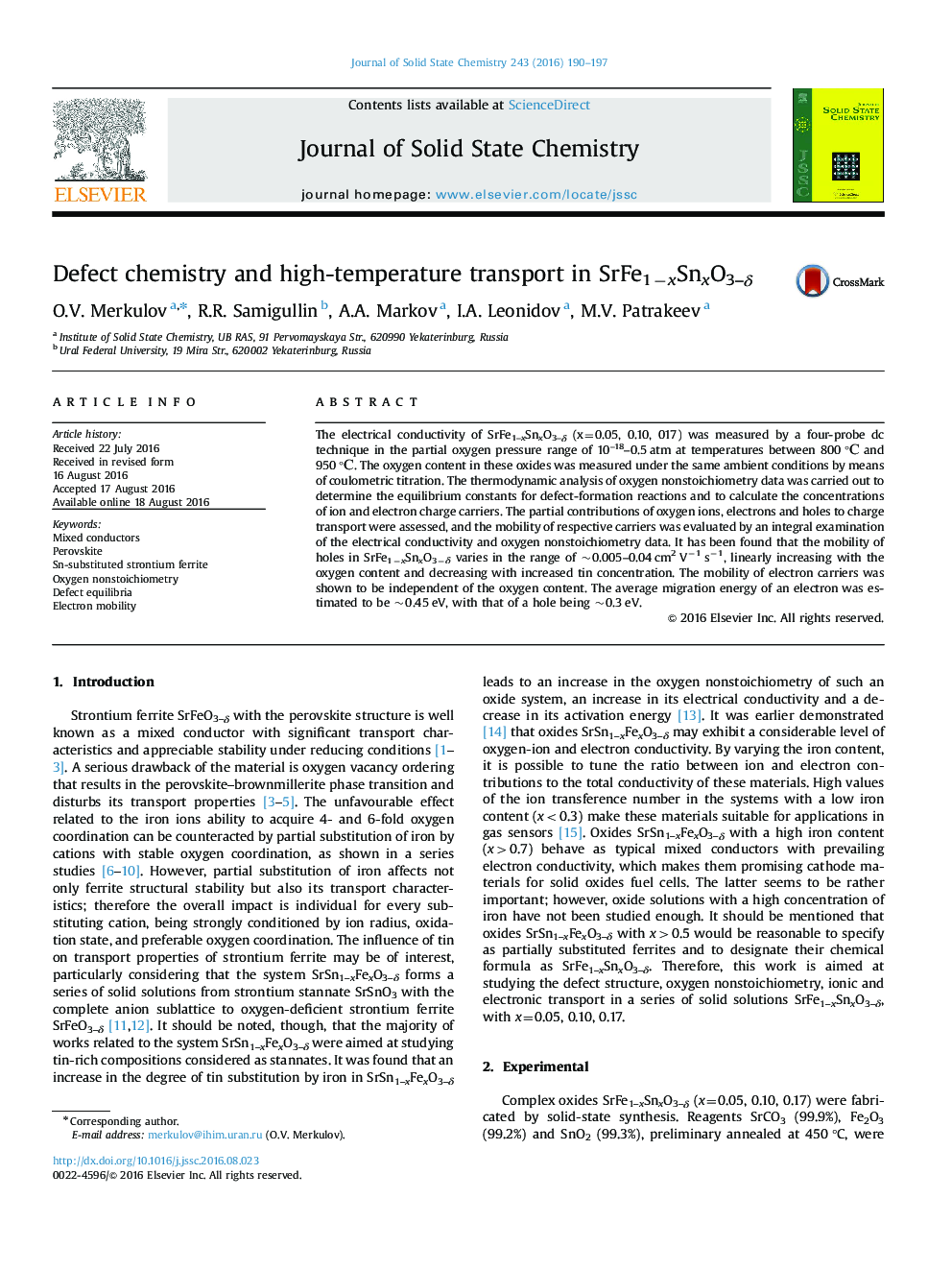 Defect chemistry and high-temperature transport in SrFe1−xSnxO3–δ