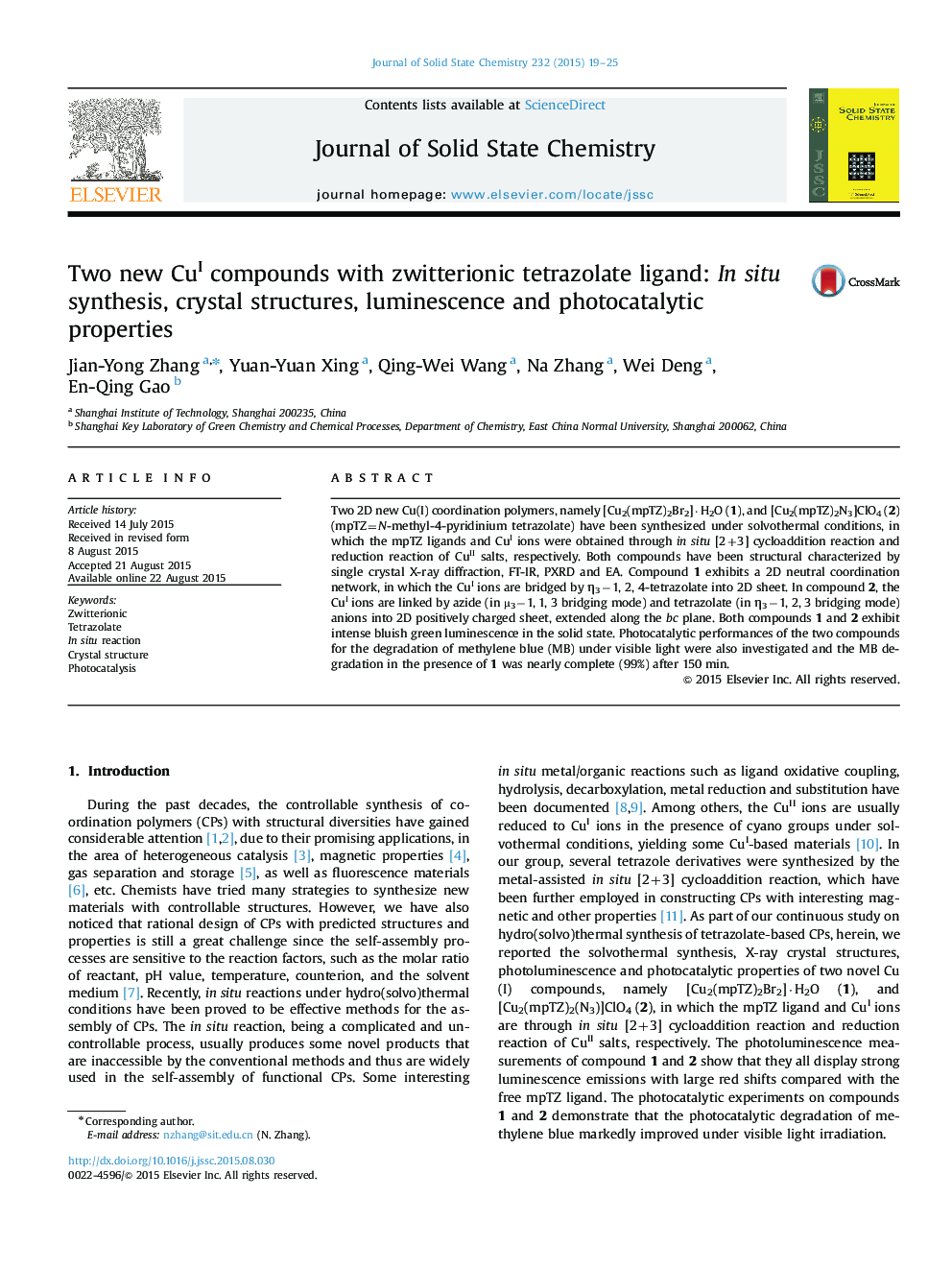 Two new CuI compounds with zwitterionic tetrazolate ligand: In situ synthesis, crystal structures, luminescence and photocatalytic properties