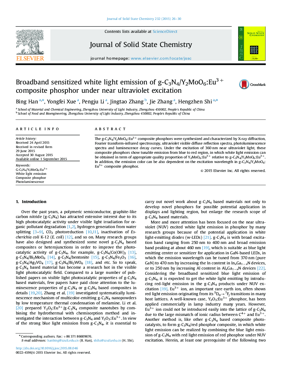 Broadband sensitized white light emission of g-C3N4/Y2MoO6:Eu3+ composite phosphor under near ultraviolet excitation