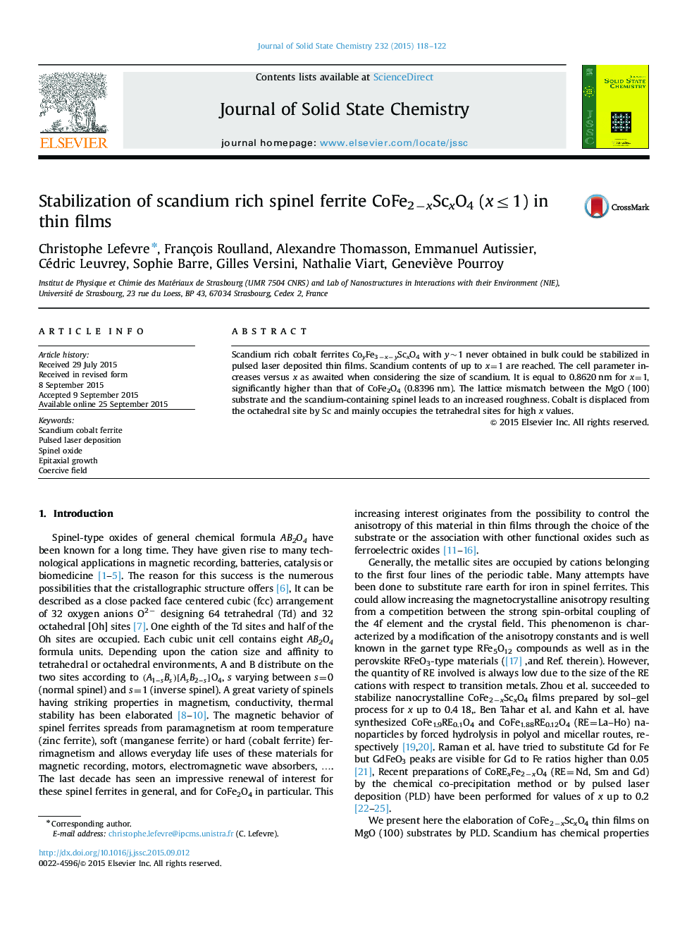 Stabilization of scandium rich spinel ferrite CoFe2−xScxO4 (x≤1) in thin films