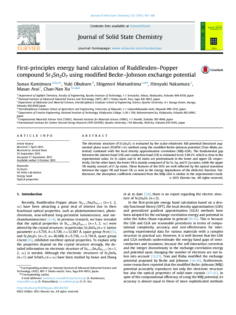 First-principles energy band calculation of Ruddlesden–Popper compound Sr3Sn2O7 using modified Becke–Johnson exchange potential