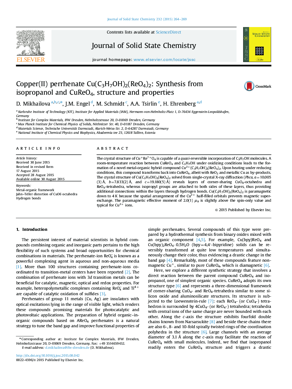 Copper(II) perrhenate Cu(C3H7OH)2(ReO4)2: Synthesis from isopropanol and CuReO4, structure and properties