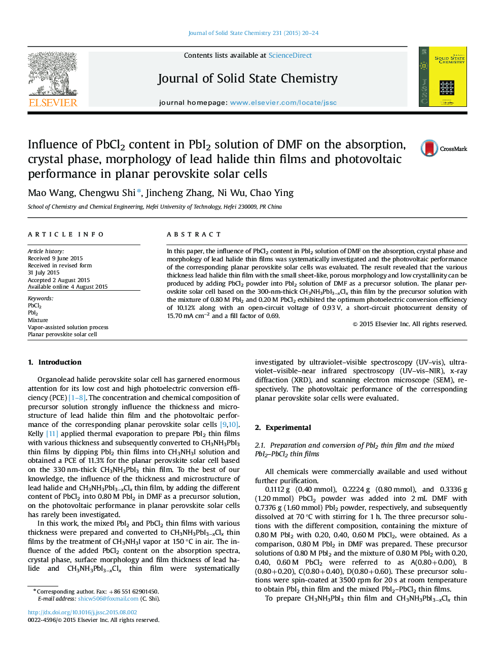 Influence of PbCl2 content in PbI2 solution of DMF on the absorption, crystal phase, morphology of lead halide thin films and photovoltaic performance in planar perovskite solar cells