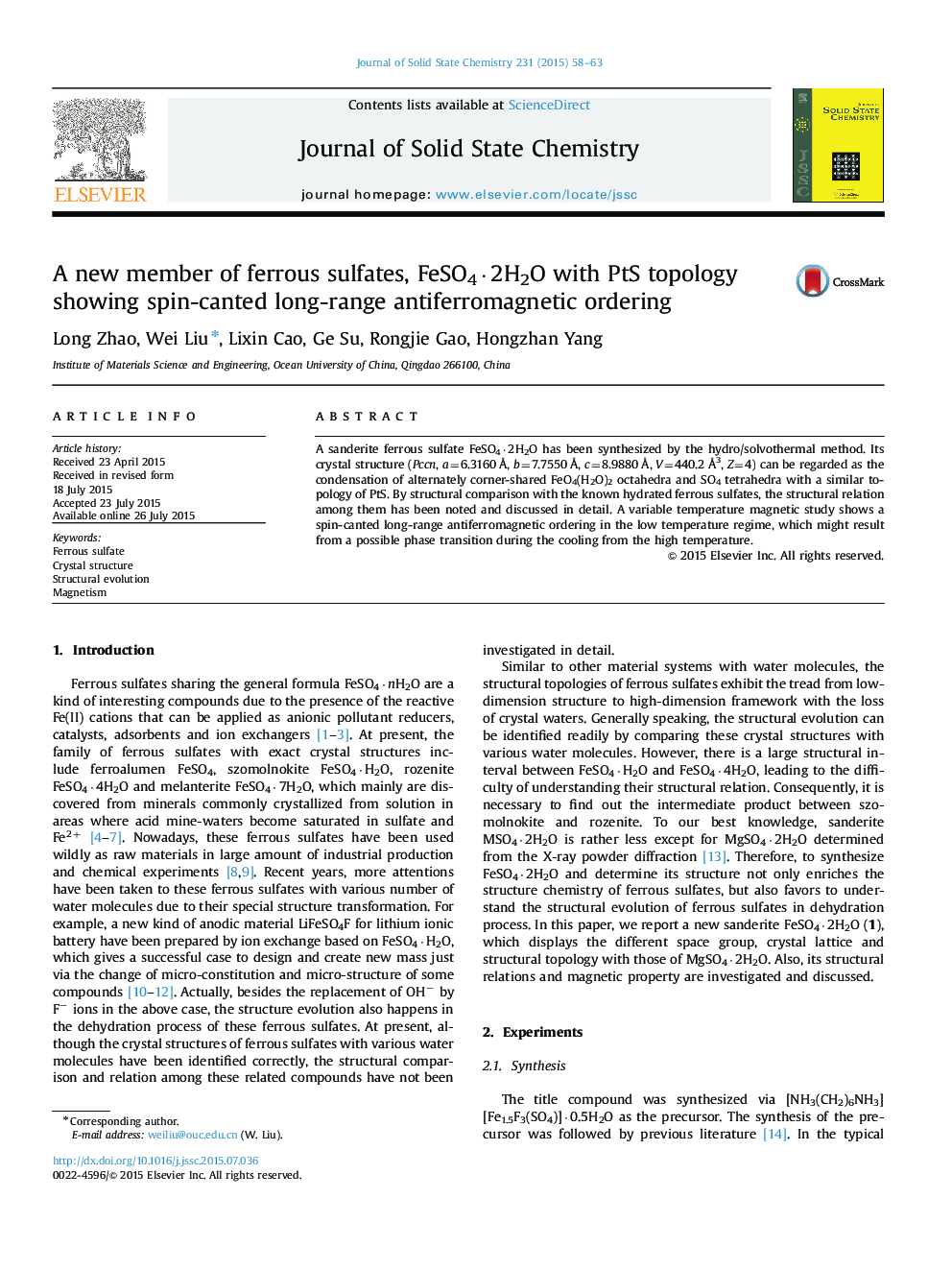 A new member of ferrous sulfates, FeSO4·2H2O with PtS topology showing spin-canted long-range antiferromagnetic ordering