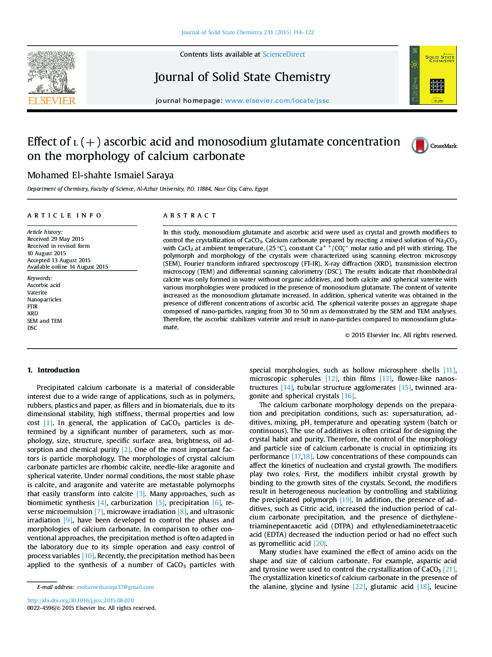 Effect of L (+) ascorbic acid and monosodium glutamate concentration on the morphology of calcium carbonate