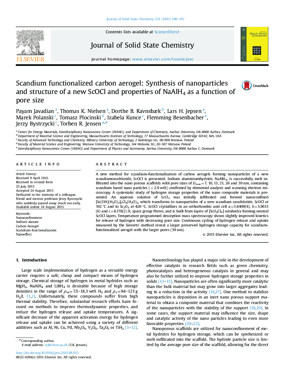 Scandium functionalized carbon aerogel: Synthesis of nanoparticles and structure of a new ScOCl and properties of NaAlH4 as a function of pore size