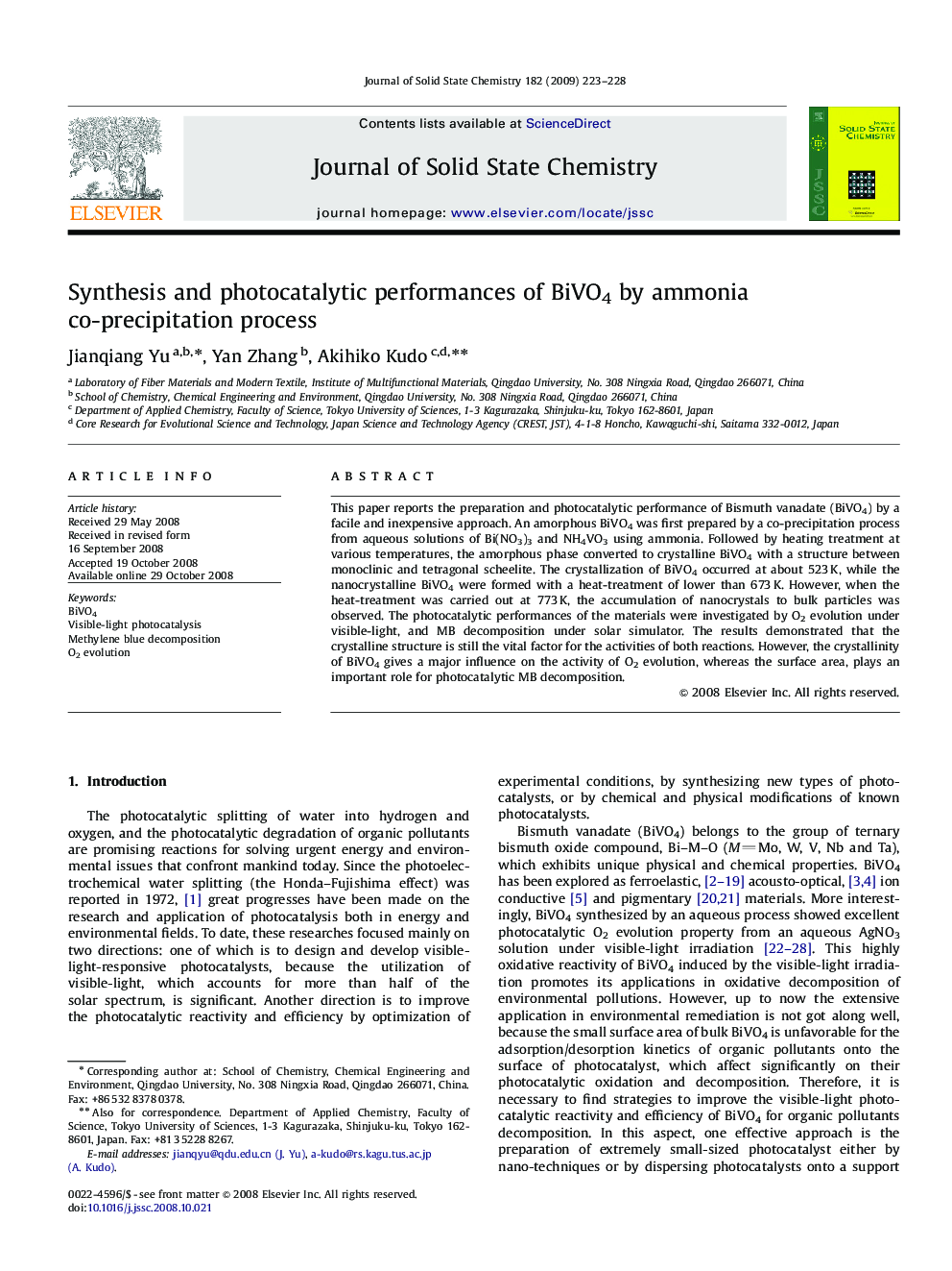 Synthesis and photocatalytic performances of BiVO4 by ammonia co-precipitation process