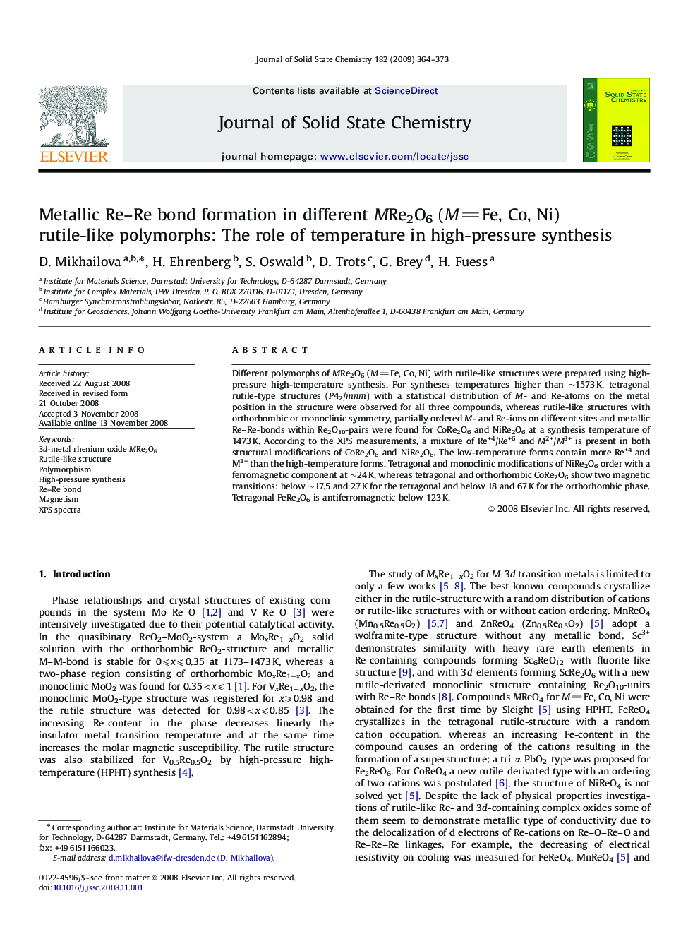 Metallic Re–Re bond formation in different MRe2O6 (MFe, Co, Ni) rutile-like polymorphs: The role of temperature in high-pressure synthesis