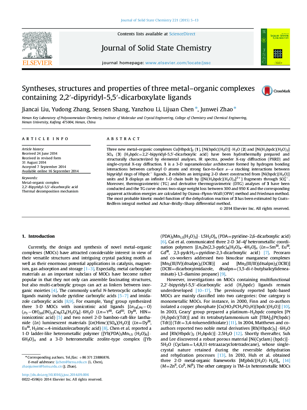 Syntheses, structures and properties of three metal–organic complexes containing 2,2′-dipyridyl-5,5′-dicarboxylate ligands