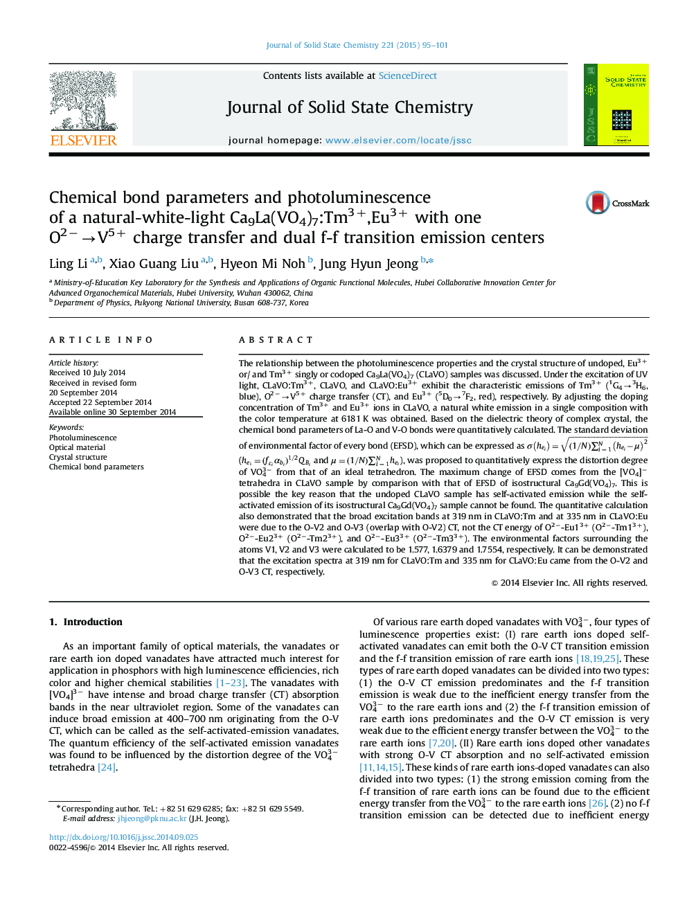 Chemical bond parameters and photoluminescence of a natural-white-light Ca9La(VO4)7:Tm3+,Eu3+ with one O2−→V5+ charge transfer and dual f-f transition emission centers