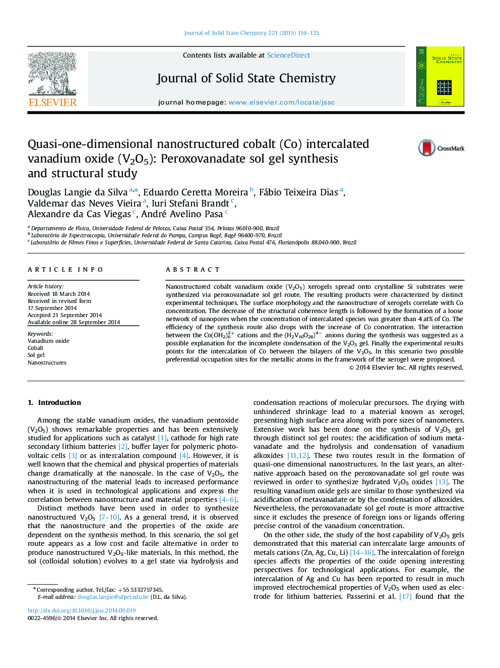 Quasi-one-dimensional nanostructured cobalt (Co) intercalated vanadium oxide (V2O5): Peroxovanadate sol gel synthesis and structural study