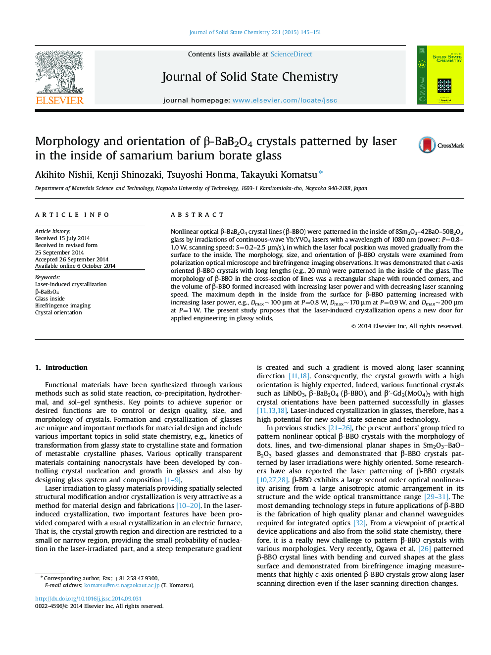 Morphology and orientation of β-BaB2O4 crystals patterned by laser in the inside of samarium barium borate glass