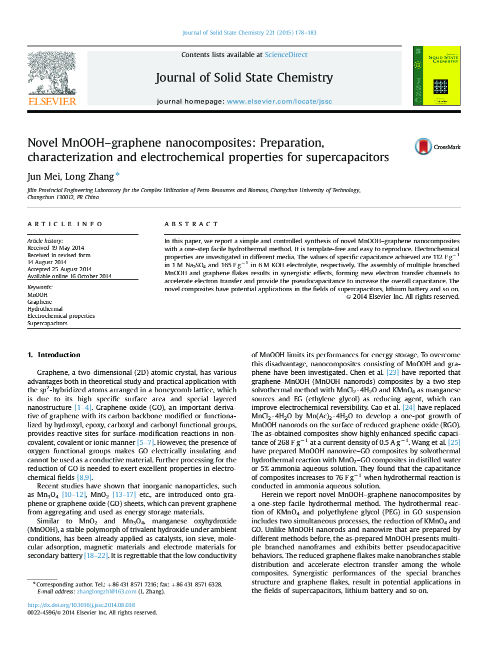 Novel MnOOH–graphene nanocomposites: Preparation, characterization and electrochemical properties for supercapacitors