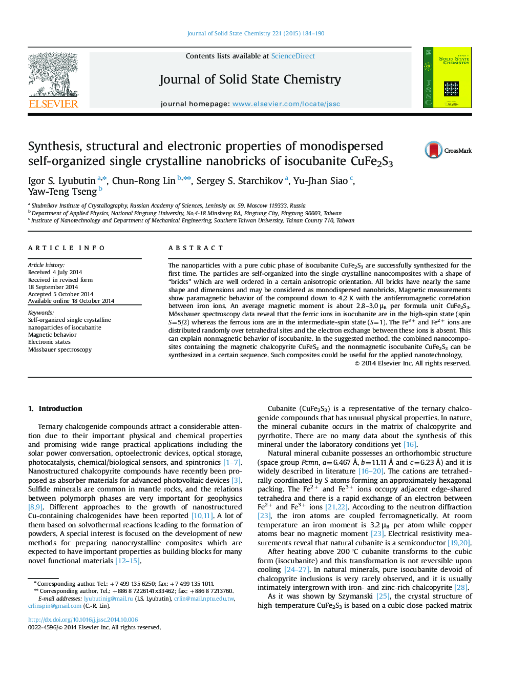 Synthesis, structural and electronic properties of monodispersed self-organized single crystalline nanobricks of isocubanite CuFe2S3