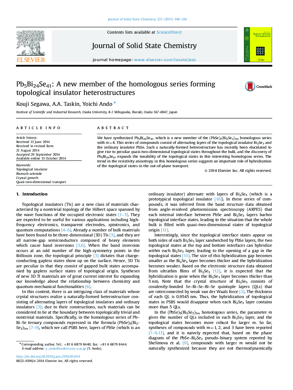 Pb5Bi24Se41: A new member of the homologous series forming topological insulator heterostructures