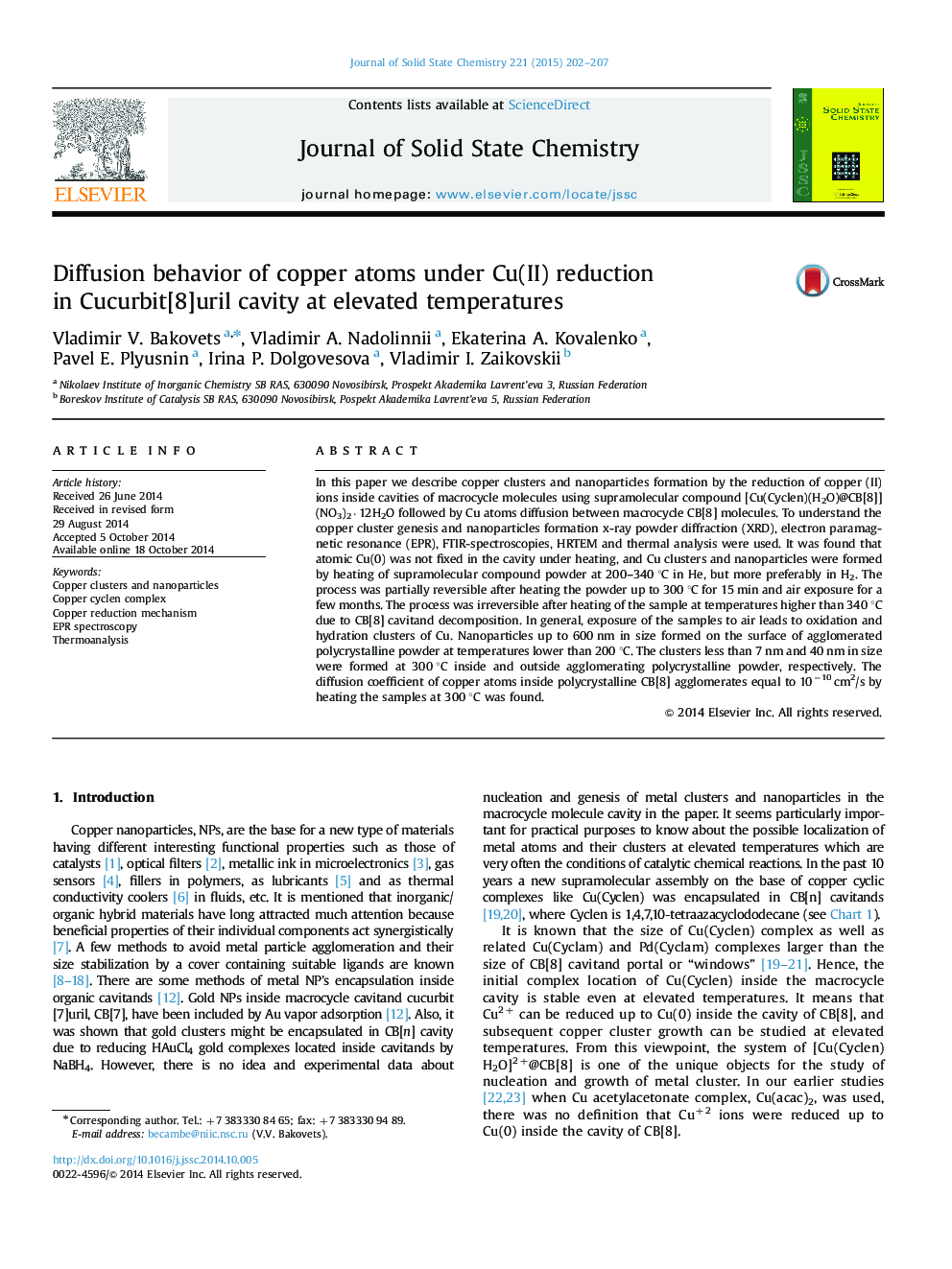 Diffusion behavior of copper atoms under Cu(II) reduction in Cucurbit[8]uril cavity at elevated temperatures