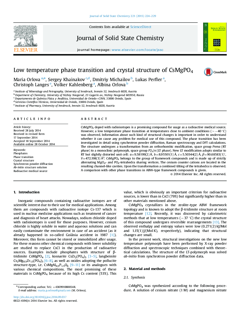 Low temperature phase transition and crystal structure of CsMgPO4