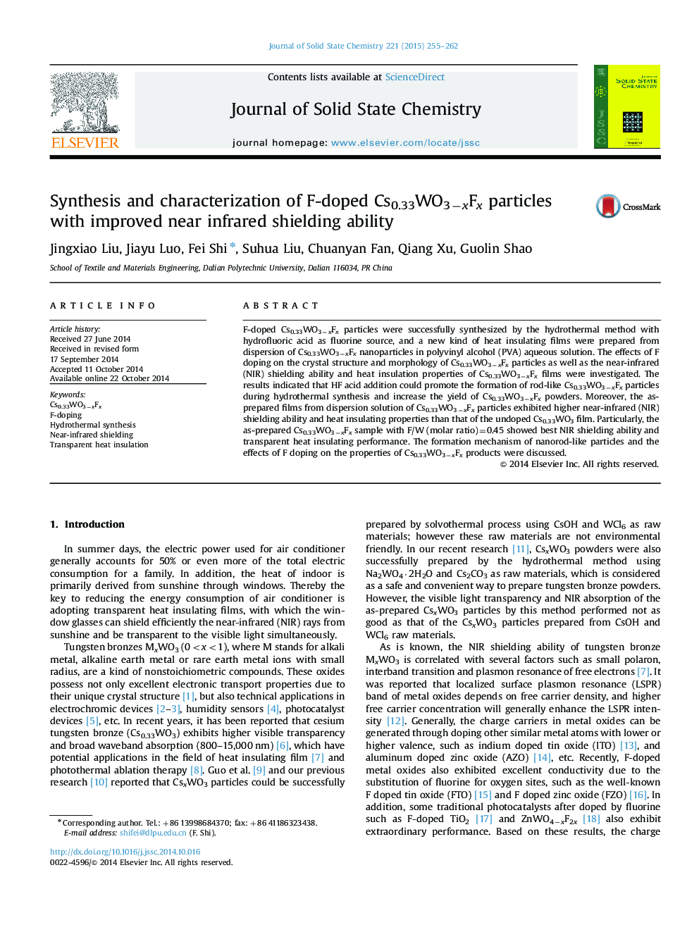 Synthesis and characterization of F-doped Cs0.33WO3−xFx particles with improved near infrared shielding ability