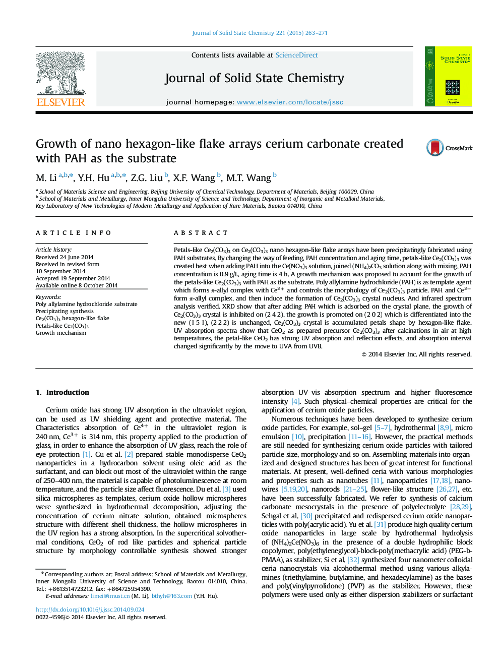 Growth of nano hexagon-like flake arrays cerium carbonate created with PAH as the substrate