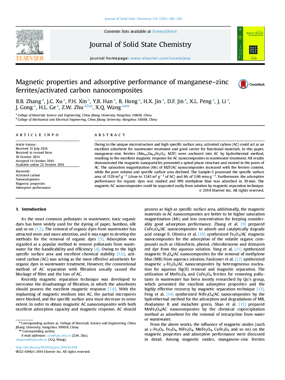 Magnetic properties and adsorptive performance of manganese–zinc ferrites/activated carbon nanocomposites