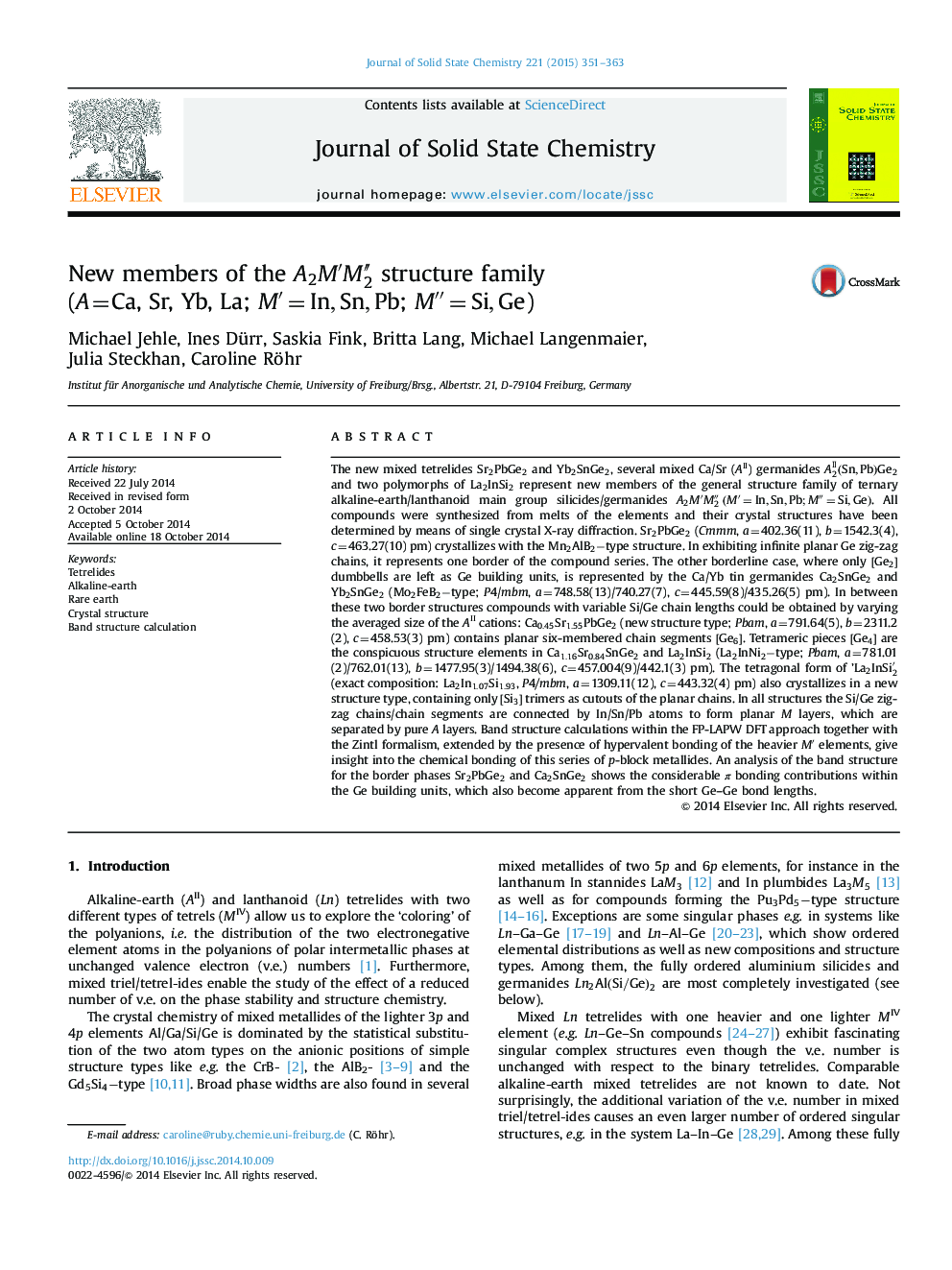 New members of the A2M′M2″ structure family (A  =Ca, Sr, Yb, La; M′=In,Sn,PbM′=In,Sn,Pb; M″=Si,GeM″=Si,Ge)