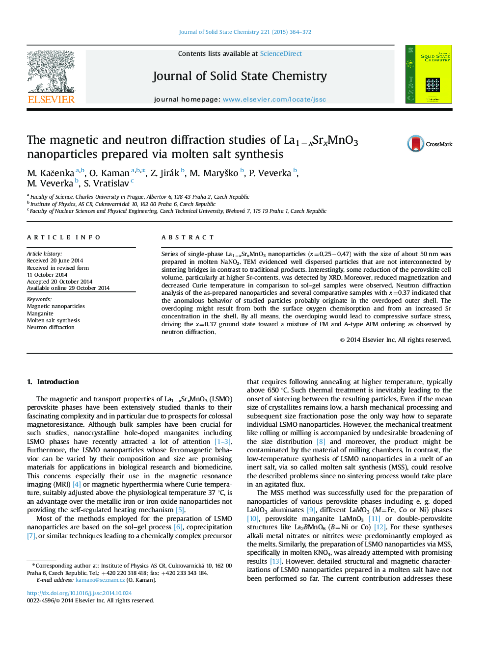 The magnetic and neutron diffraction studies of La1−xSrxMnO3 nanoparticles prepared via molten salt synthesis