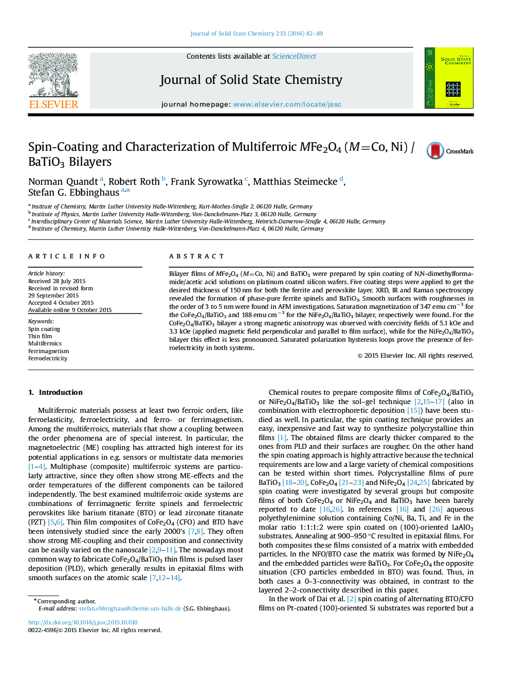Spin-Coating and Characterization of Multiferroic MFe2O4 (M=Co, Ni) / BaTiO3 Bilayers