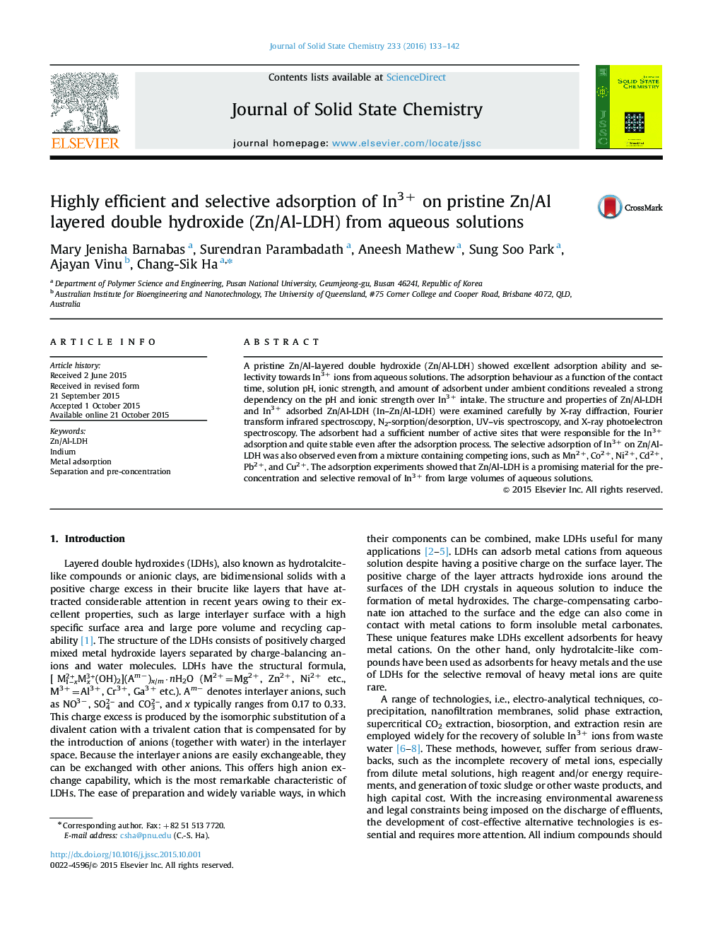 Highly efficient and selective adsorption of In3+ on pristine Zn/Al layered double hydroxide (Zn/Al-LDH) from aqueous solutions