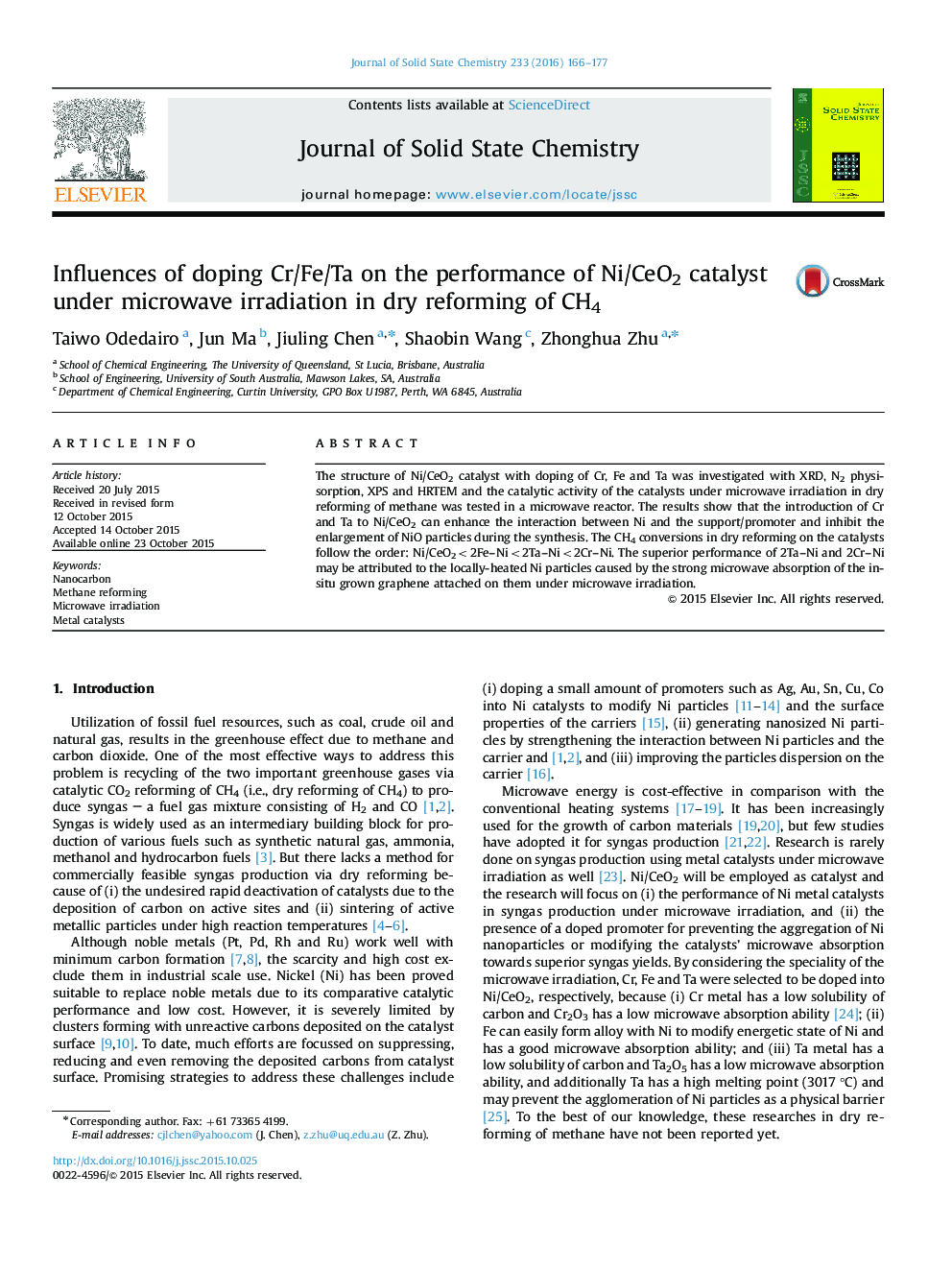 Influences of doping Cr/Fe/Ta on the performance of Ni/CeO2 catalyst under microwave irradiation in dry reforming of CH4