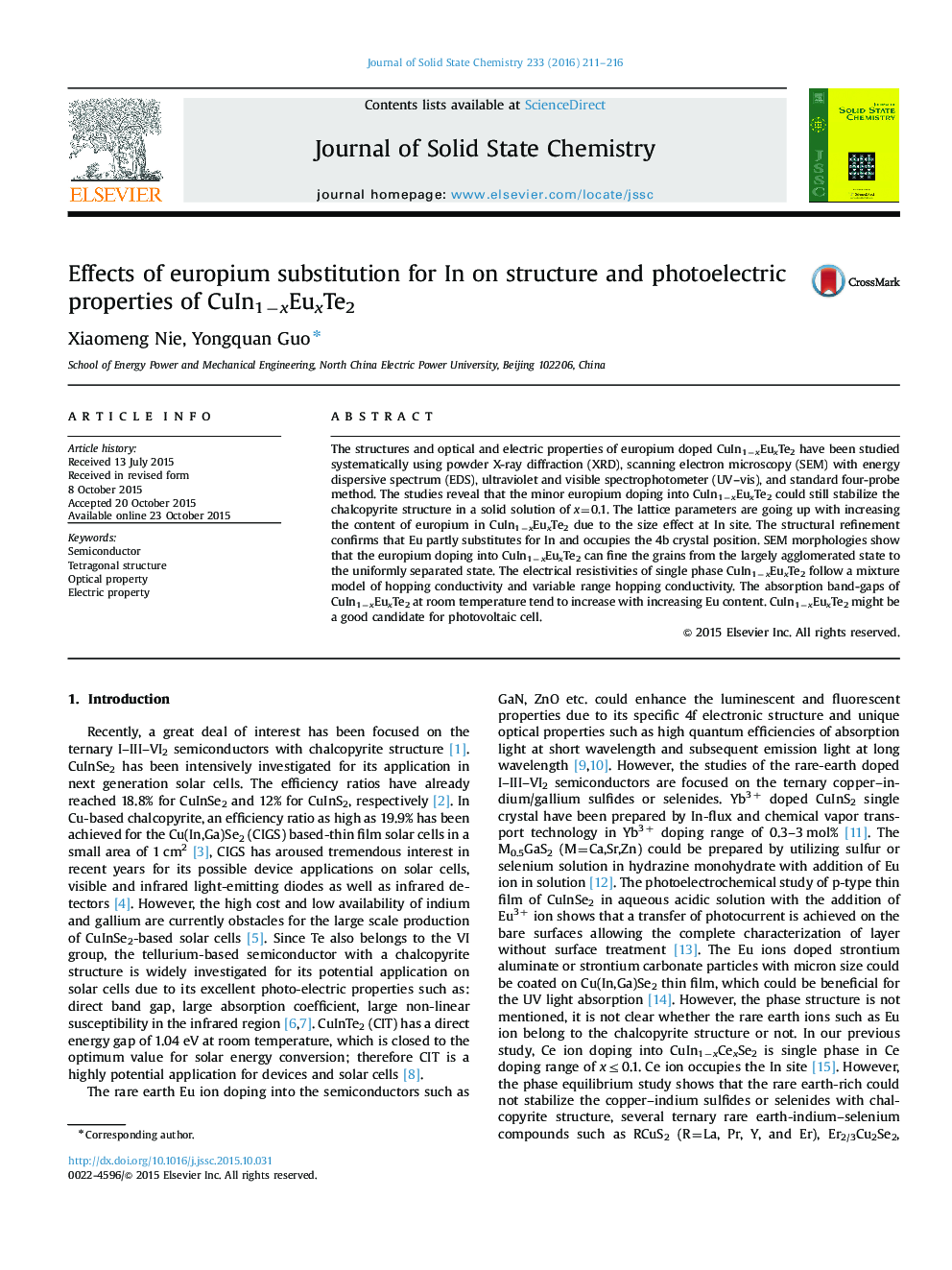Effects of europium substitution for In on structure and photoelectric properties of CuIn1−xEuxTe2