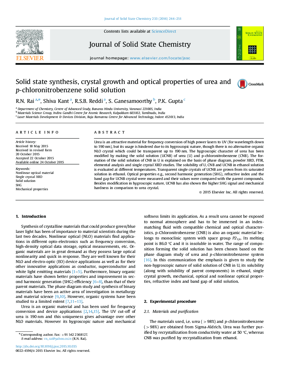 Solid state synthesis, crystal growth and optical properties of urea and p-chloronitrobenzene solid solution