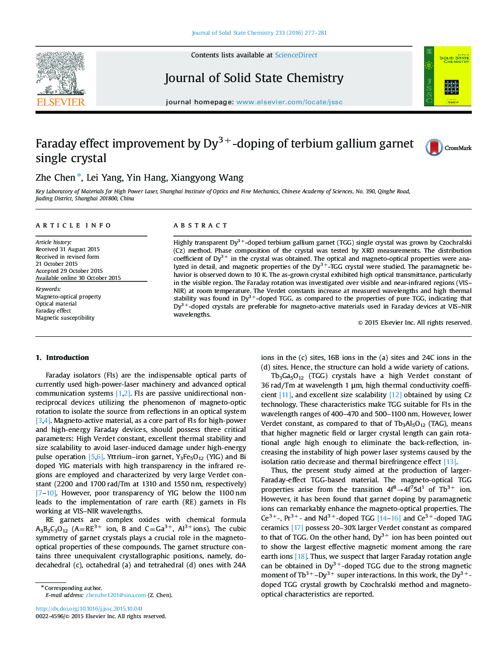 Faraday effect improvement by Dy3+-doping of terbium gallium garnet single crystal