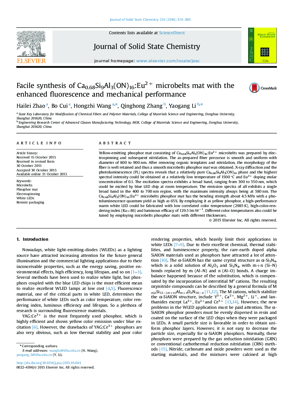 Facile synthesis of Ca0.68Si9Al3(ON)16:Eu2+ microbelts mat with the enhanced fluorescence and mechanical performance