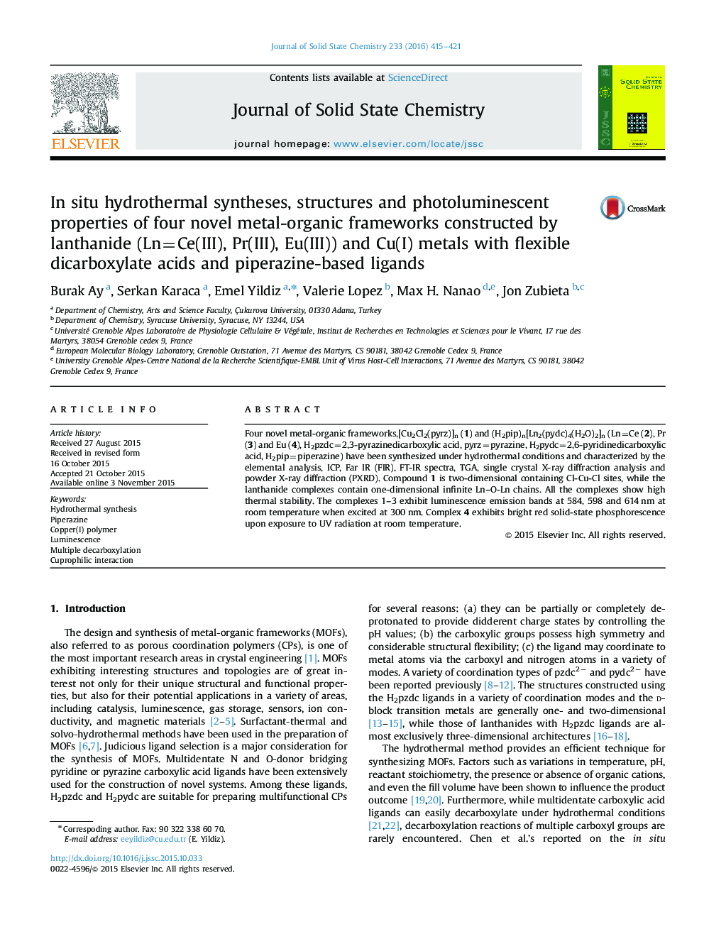 In situ hydrothermal syntheses, structures and photoluminescent properties of four novel metal-organic frameworks constructed by lanthanide (Ln=Ce(III), Pr(III), Eu(III)) and Cu(I) metals with flexible dicarboxylate acids and piperazine-based ligands