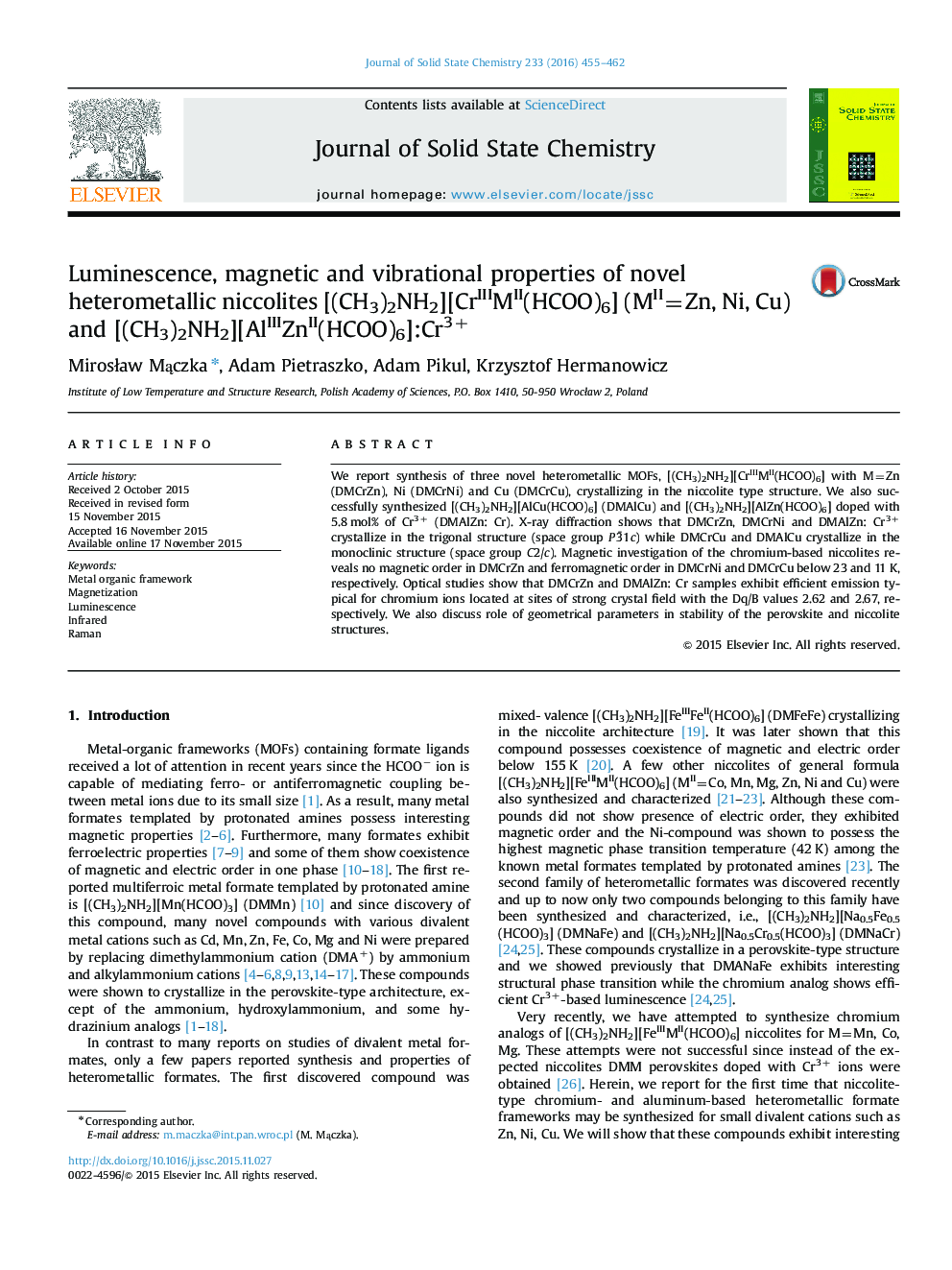 Luminescence, magnetic and vibrational properties of novel heterometallic niccolites [(CH3)2NH2][CrIIIMII(HCOO)6] (MII=Zn, Ni, Cu) and [(CH3)2NH2][AlIIIZnII(HCOO)6]:Cr3+