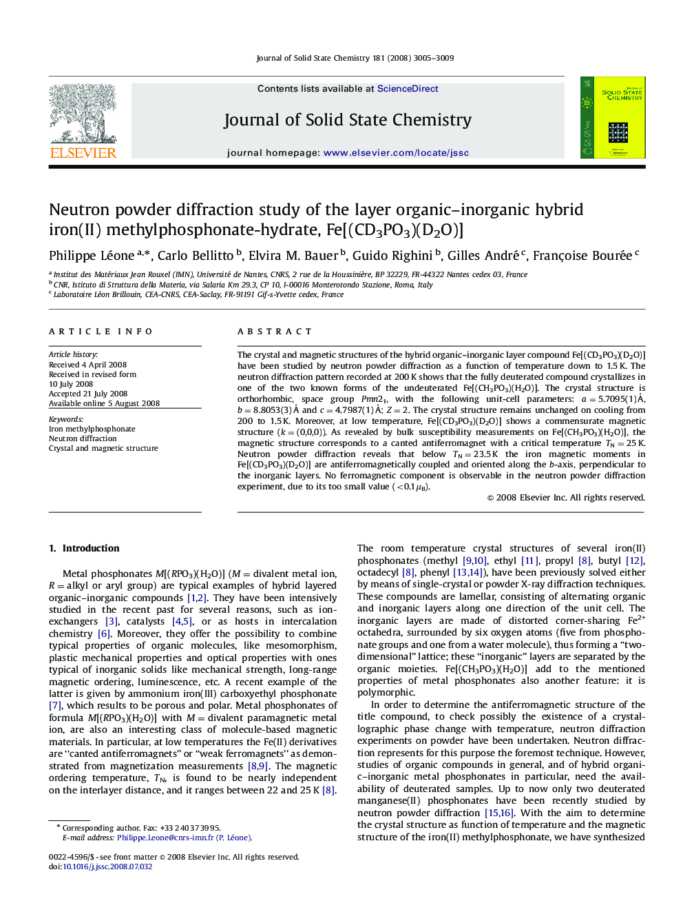 Neutron powder diffraction study of the layer organic–inorganic hybrid iron(II) methylphosphonate-hydrate, Fe[(CD3PO3)(D2O)]