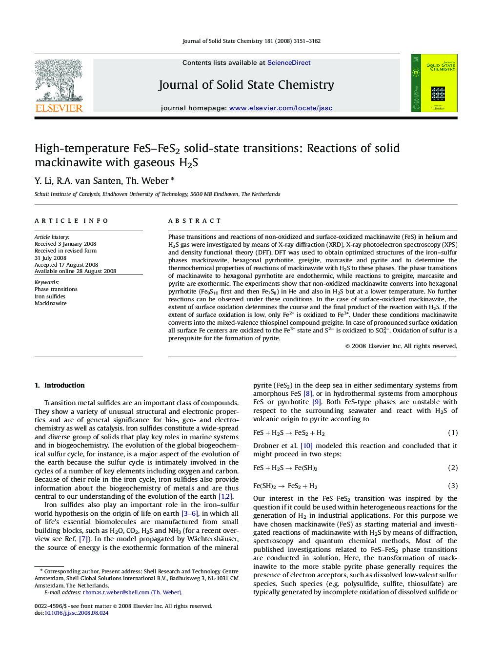 High-temperature FeS–FeS2 solid-state transitions: Reactions of solid mackinawite with gaseous H2S