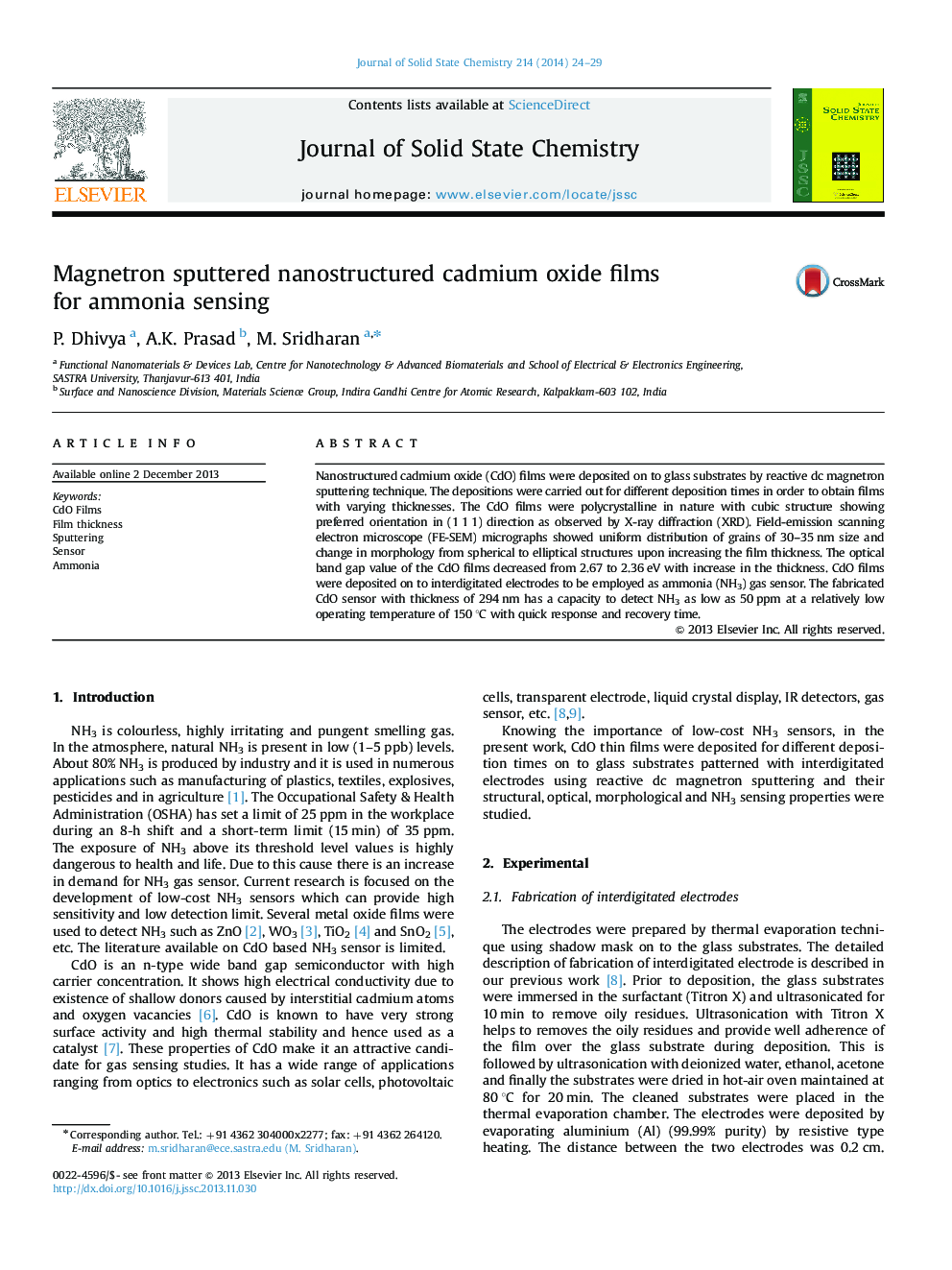 Magnetron sputtered nanostructured cadmium oxide films for ammonia sensing