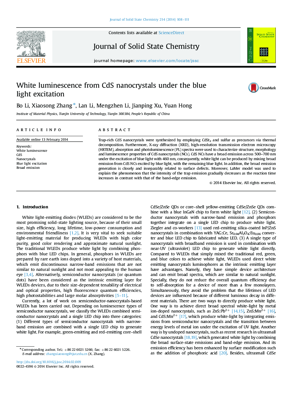 White luminescence from CdS nanocrystals under the blue light excitation