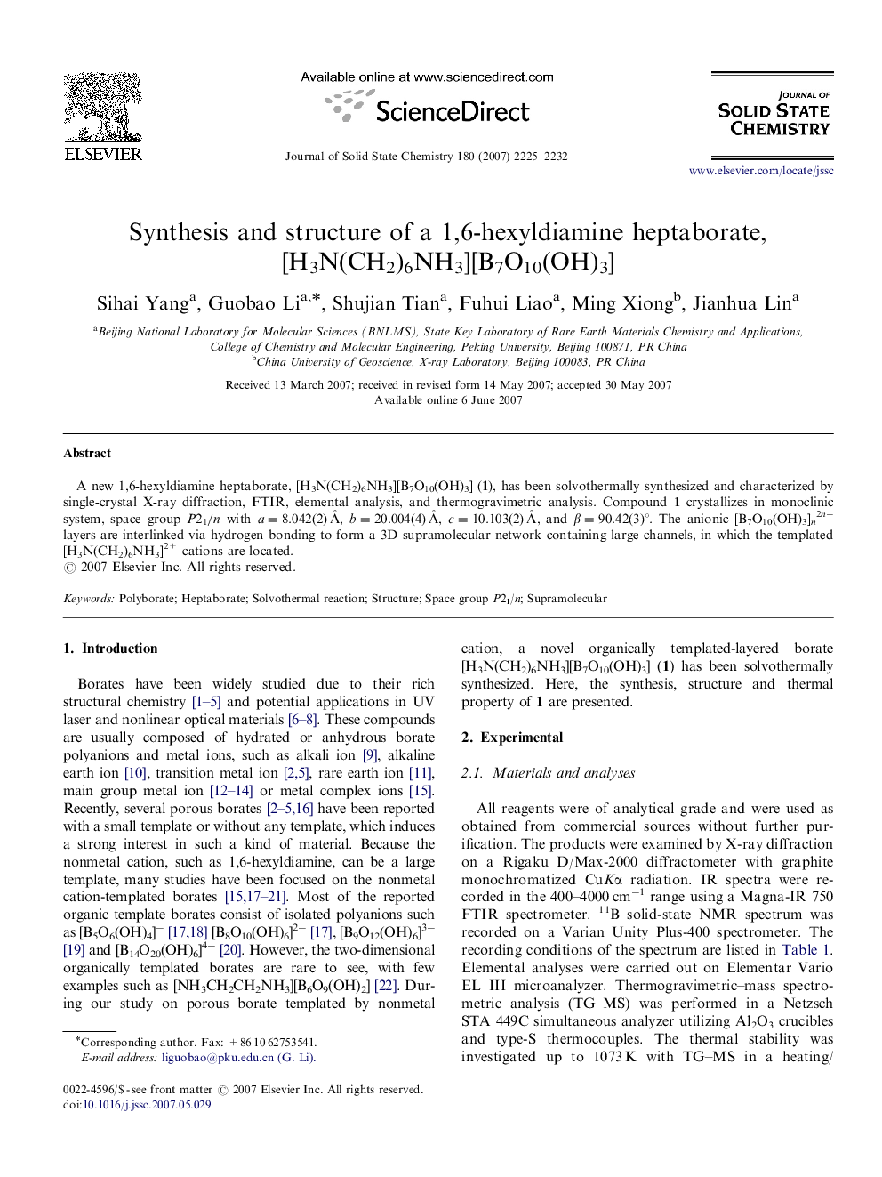 Synthesis and structure of a 1,6-hexyldiamine heptaborate, [H3N(CH2)6NH3][B7O10(OH)3]