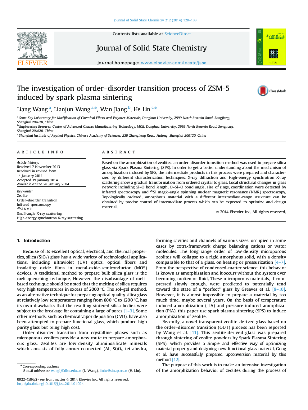 The investigation of order–disorder transition process of ZSM-5 induced by spark plasma sintering