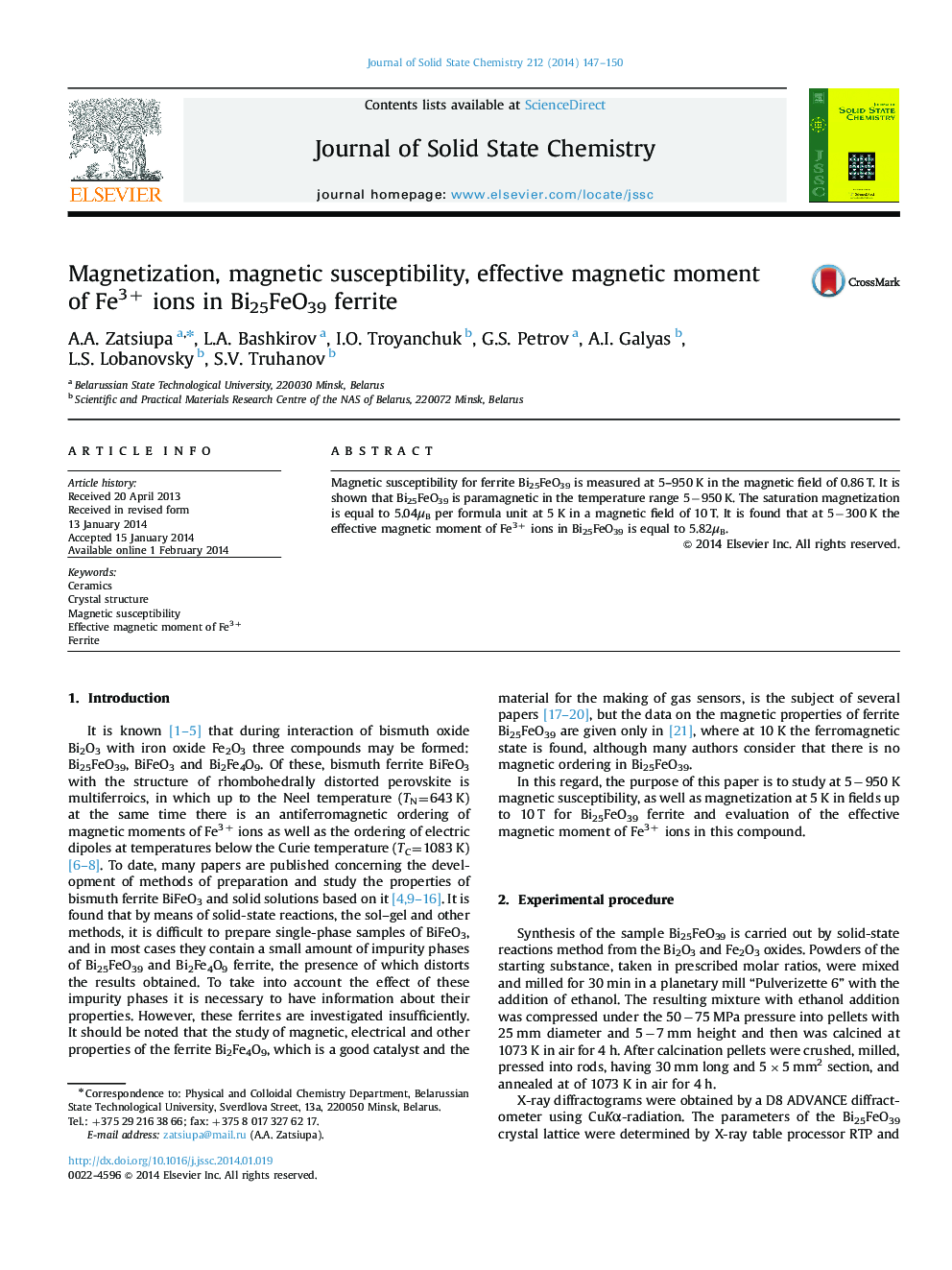 Magnetization, magnetic susceptibility, effective magnetic moment of Fe3+ ions in Bi25FeO39 ferrite