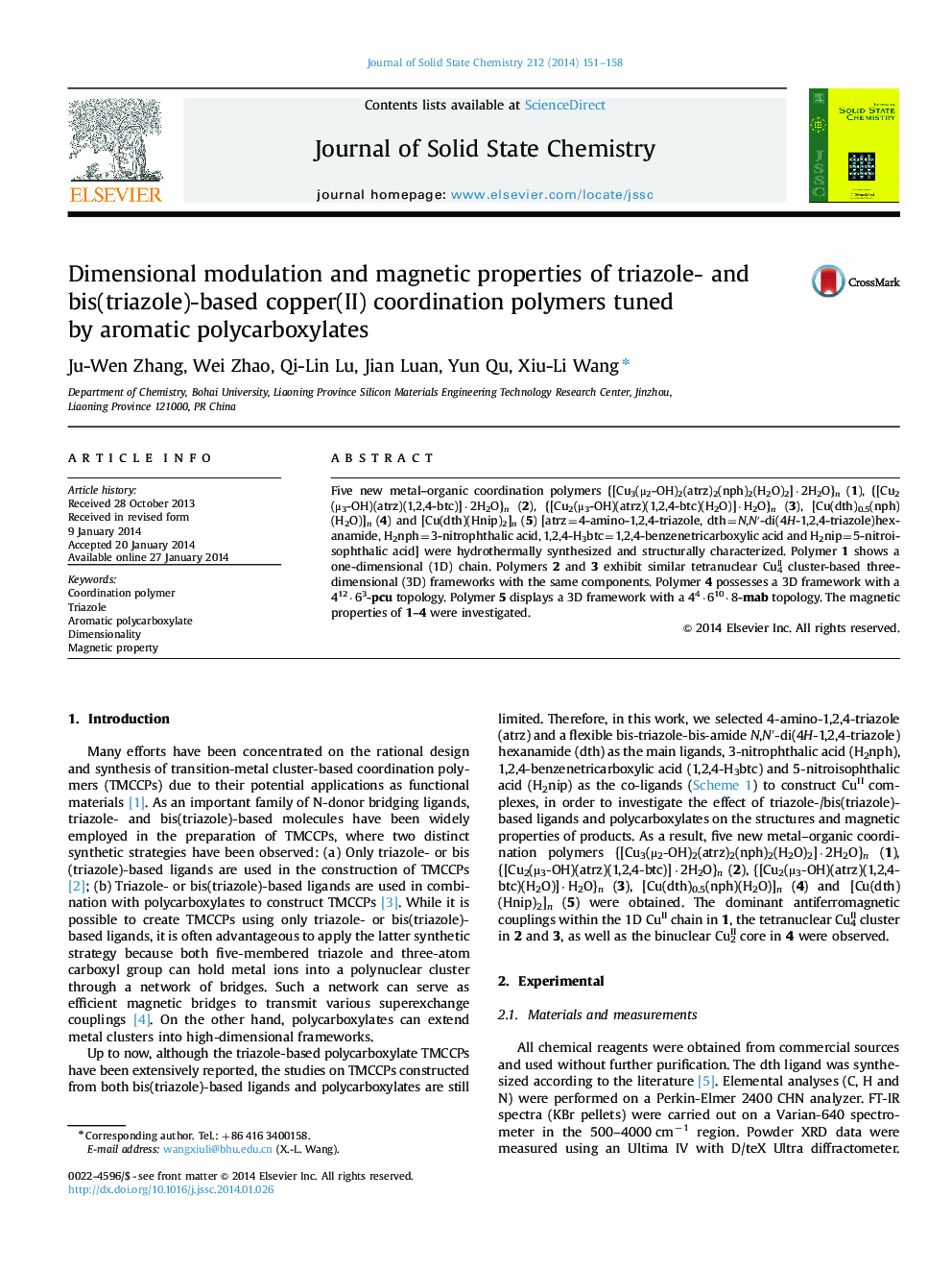 Dimensional modulation and magnetic properties of triazole- and bis(triazole)-based copper(II) coordination polymers tuned by aromatic polycarboxylates