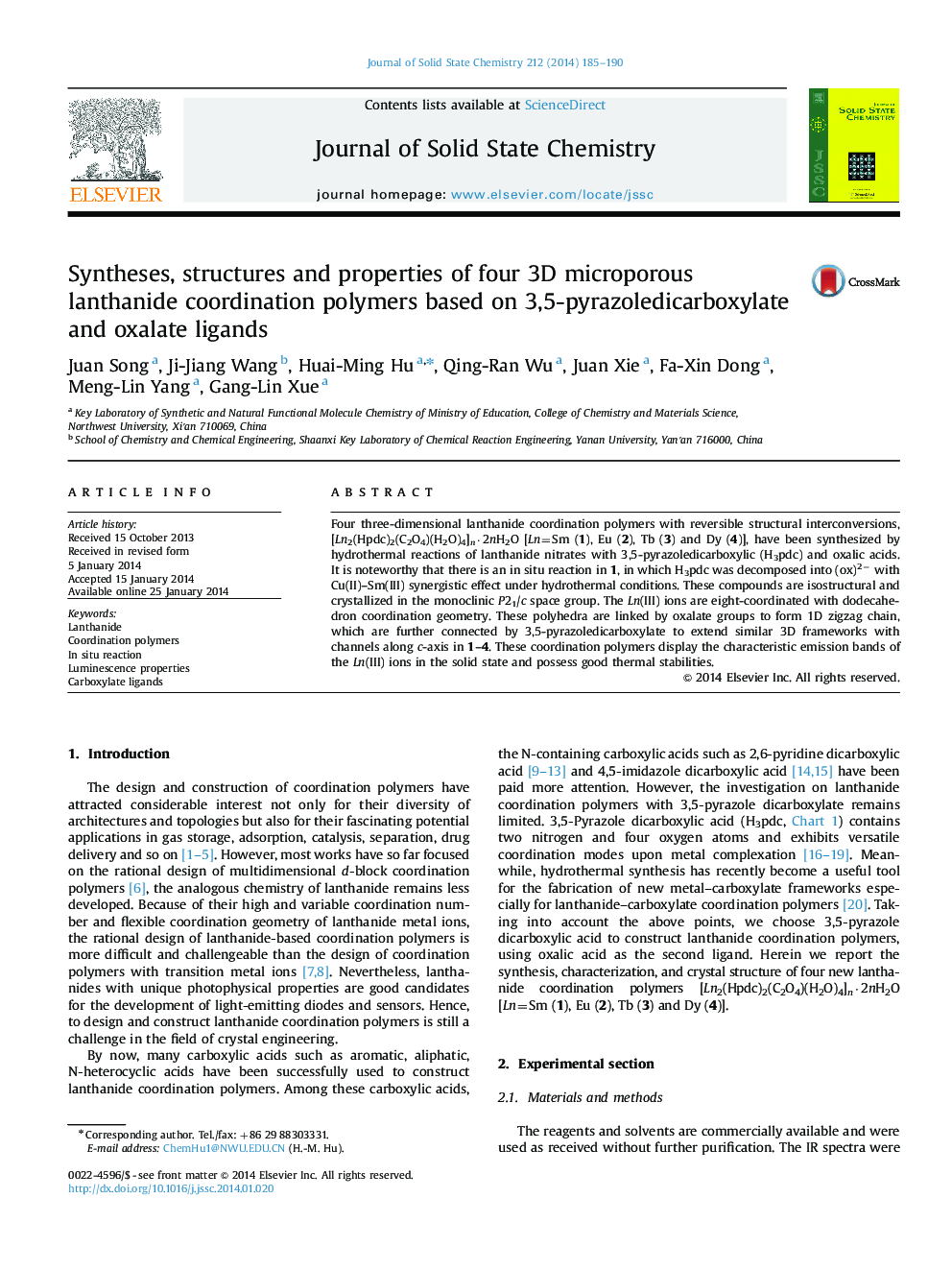 Syntheses, structures and properties of four 3D microporous lanthanide coordination polymers based on 3,5-pyrazoledicarboxylate and oxalate ligands