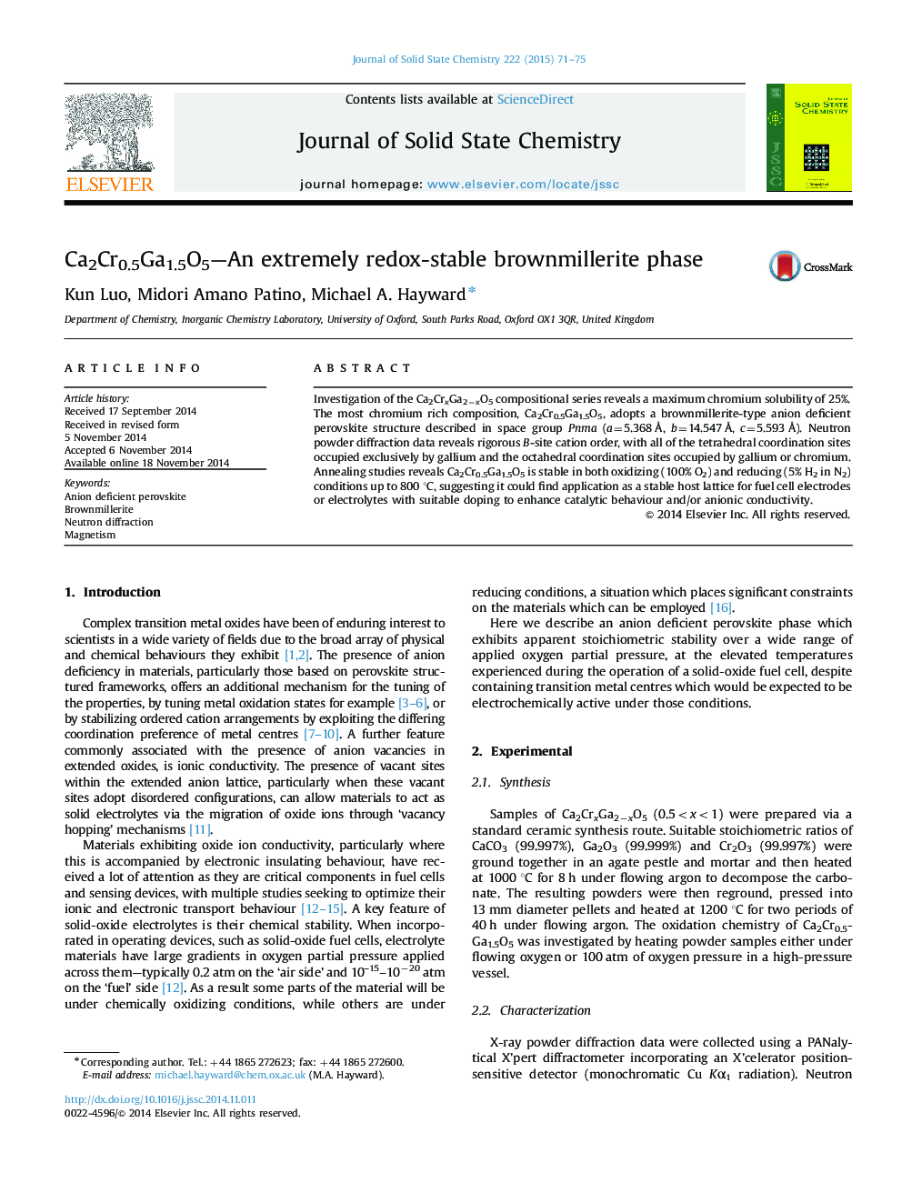 Ca2Cr0.5Ga1.5O5—An extremely redox-stable brownmillerite phase